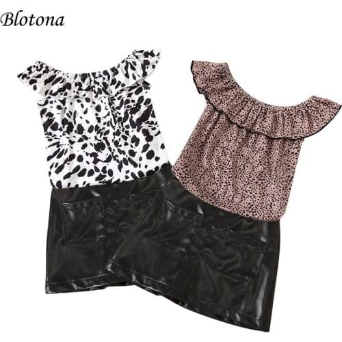 Blotona Fashion 2Pcs Toddler Girls Summer Outfits, Off Shoulder Leopard Print Bodysuit Tops+ Leather Skirt Set 0-18Months