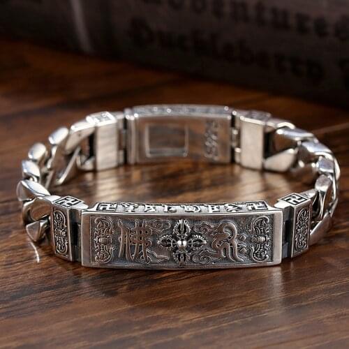 RetroSen Silver Men Bracelet Bangle Six-Character Mantra Chinese Style Retro Creative Ponytail Trend Domineering Accessory