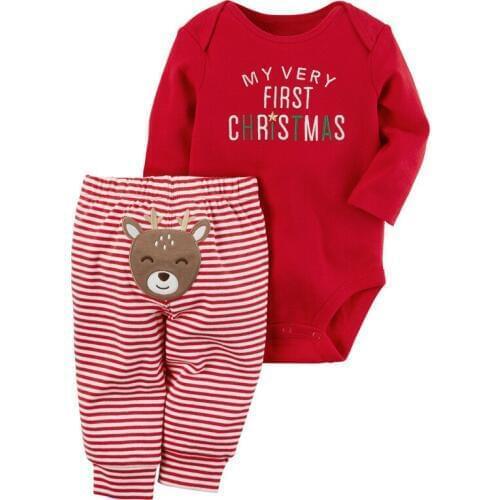 My First Christmas Baby Boys Girls Outfit Long Sleeved Baby Bodysuit+Striped Pants 2PCS Christmas Toddler Baby Clothes DS19