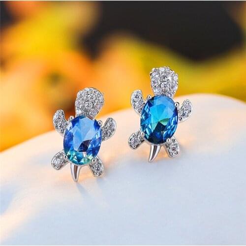 Charm Female Rainbow Oval Crystal Earrings Boho Silver Color Wedding Earrings For Women Fashion Turtle Small Stud Earrings