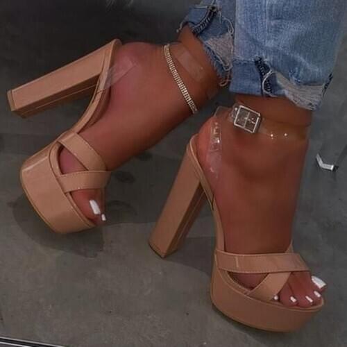 Sexy Chunky Heel Sandals Clear PVC Ankle Wrap Nude Black Patent Leather Platform Dress Shoes Peep Toe Cut-out Square Dress Shoes