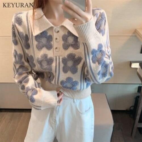 3D Flower Button Sweater Pullovers Turn-down Collar Knitted Crop Tops Fashion Sweet Autumn Winter Women Sweaters Chic Jumpers