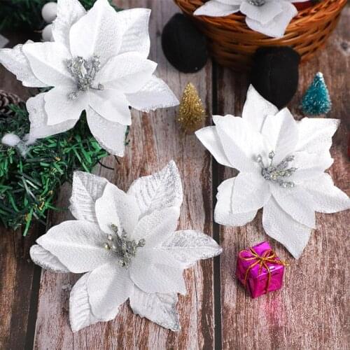 24pcs Christmas Flower Simulation Gold Powder Flower Christmas Tree Hanging Pendant Reop Ornament Decoration Flower (Silver)