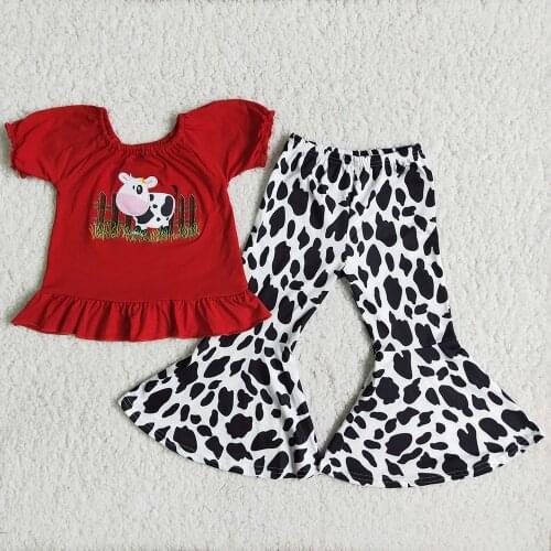 RTS Farm design baby girls boutique outfits summer toddler children red embroidered cotton wholesale clothes bell bottom sets