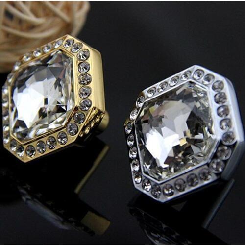 Modern fashion deluxe glass crystal rhine stone drawer watch tv table knobs pulls silver gold dresser wine cabinet door handles