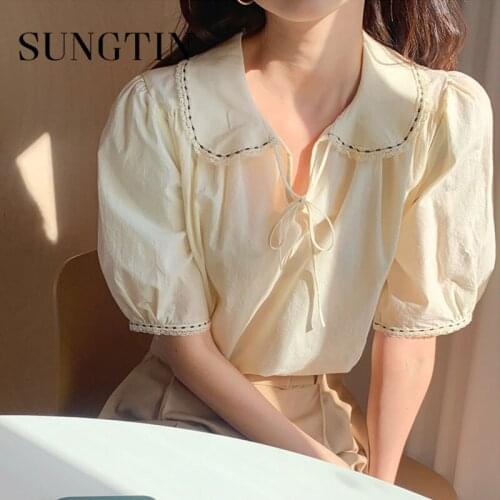 Sungtin Peter Pan Collar Kawaii Korea Blouse Shirt Women Puff Sleeve Solid Shirt Preppy Style Short Sleeve Cute Chic Tops Female