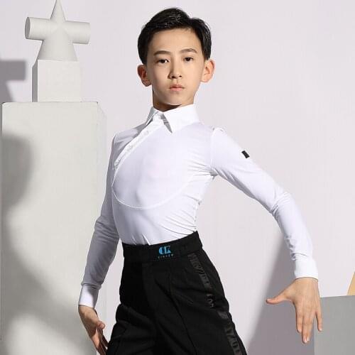2021 New Boys Latin Dance Tops White Long Sleeve Practice Clothes Ballroom Dancing Competition Clothes Performance Wear DN7879