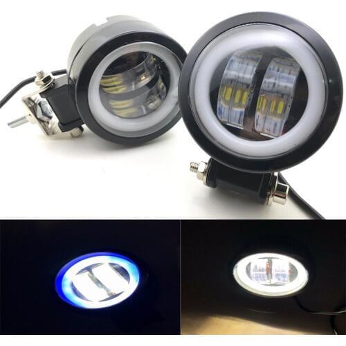 2PCS Universal LED Motorcycle Spot Fog Light With White/Blue Angel Eye Lamp Headlight For kawasaki KTM BMW Honda Yamaha