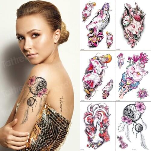 Temporary tattoo sticker cat flower dream catcher sexy tatoo for girls arm sleeve tattoos 6pcs/pack big pink fashion body art