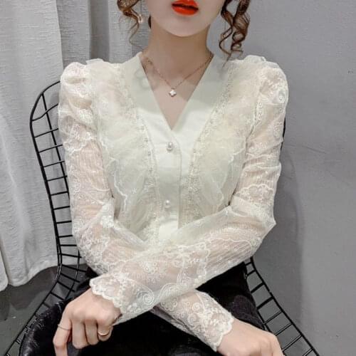 Blouse Women Shirt Hollow Lace Womens Spring Ruffled Mesh V-neck Long Sleeve Top Blusas Mujer De Moda