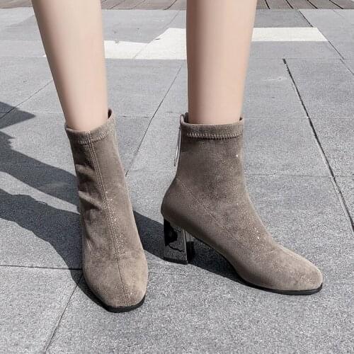 Womens Zippers Solid 7cm High Heel Boots For Spring Autumn Square Toe Ankle Zip Leisure Fashion Modern Shoes For Women