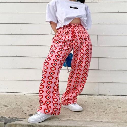 2021 Vintage Love Heart Printed Pink Pants Fashion Drawstring Straight Elastic Pants Harajuku High Waist Trousers Streetwear