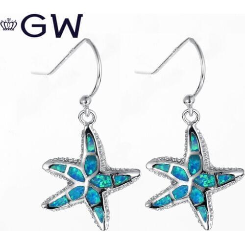 Blue Fire Opal Starfish Drop Earrings for Women Wedding Party Jewelry Lady Female Ear Hook Long Dangle Earring Jewelry