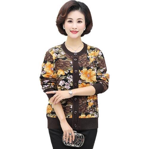 Middle-aged Women Sweaters Cardigan Round Neck Single Breasted Knit Sweater Jacket Autumn Winter Thick Warm Coat Female Tops