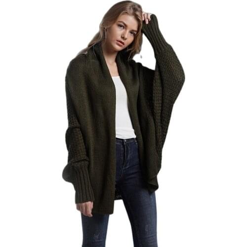 Women Solid Loose-fitting Long Knitted Cardigan Sweater With Batwing Sleeve New Style Open Stitch Sweater Regular Yarn Outwear