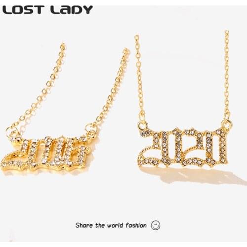 Lost Lady New Fashion Rhinestone Year Number Pendant Necklace For Women Gold Color Alloy Necklace Wholesale Jewelry Party Gifts