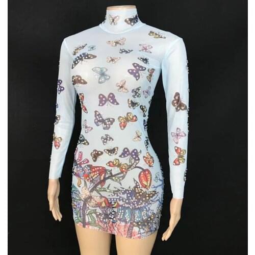 Butterlly Printed Mesh Mini Dress Women Singer Concert Show Stage Outfit Bar Nightclub Party Birthday Celebrate Crystals Costume