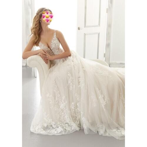 2020 New Wedding Dress Lace Bodice Ivory Tulle Appliques Spaghetti Straps Gothic Dress Wedding Ball Gown A Line Beading Waist