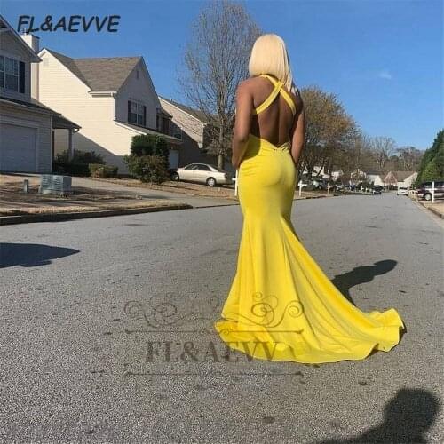 2021 Mermaid Evening Dress Yellow Open Back Sleeveless Criss Cross Back Floor Length Black Girls Evening Party Gowns