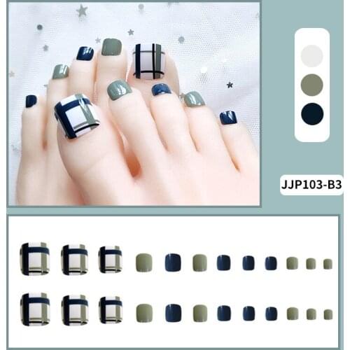 High Quality 24pcs Blue Green Grid Toenail Patch Glue Type Removable Short Paragraph Fashion Manicure False Toenail Patch