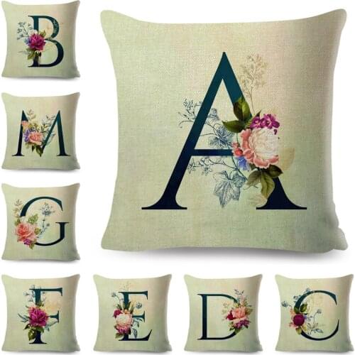 Beige Flower Letter Cushion Cover Polyester Pillow Case for Sofa Home Decorative Foral A-Z Printed Throw Pillowcase 45*45cm