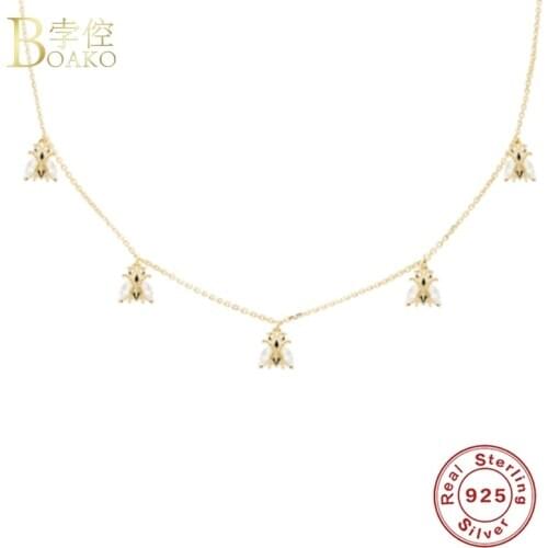 BOAKO CZ Bee Pendant 925 Sterling Silver Necklaces For Women Fine Jewelry Chain Animal Choker Necklace Collares Bijoux Collars