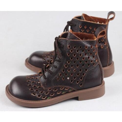 Summer Boots Women Genuine Leather Woman Ankle Boots Hollow-out Womens Summer Shoes Lace up Female Ankle Boots