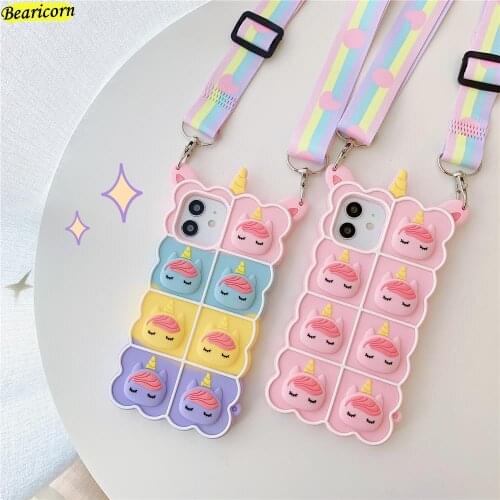 Pop Bubble Fidget Toys Case For iPhone 11 12 Pro X Xs Max XR 6 6s 7 8 Plus SE 2020 Cute Cartoon Unicorn Reduced Pressure Cover