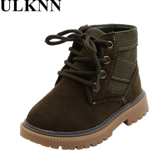 ULKNN Kids Green Anti-slippery Boots Children Cute Rubber Sole Matte Leather Lace-up Round Toe Soft Fashion Sewing Martin Boots