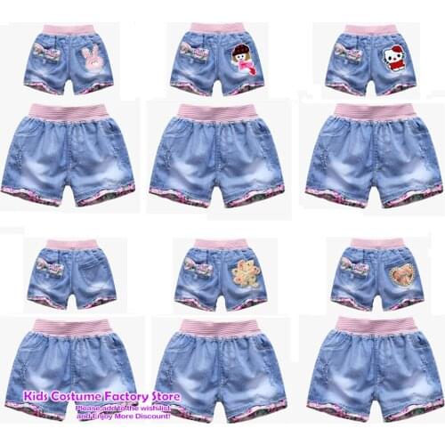 2021 New Girls Cartoon Denim Shorts Summer Fashion Cute Shorts Floral Lace Wild Childrens Pants Girls Denim Shorts 3-15Years