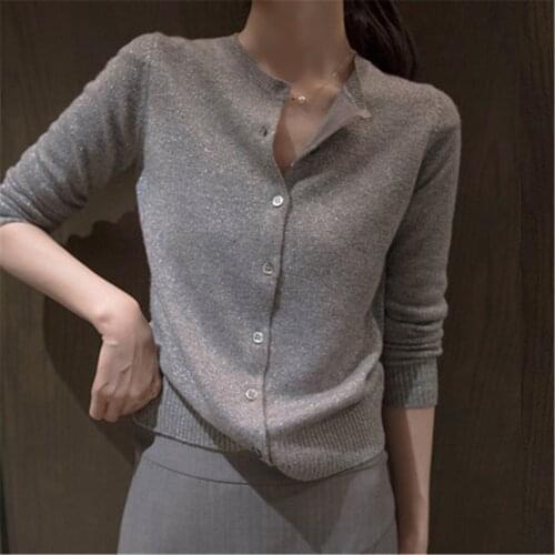 Spring and autumn thin womens round neck knit solid color bright silk cardigan jacket loose bottoming cardigan sweater ZY5955