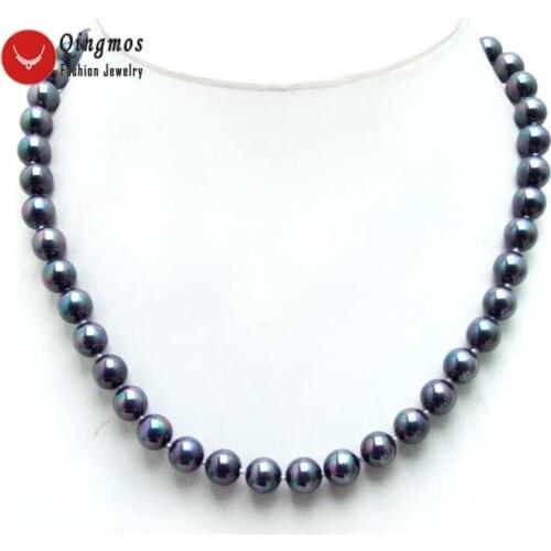 Qingmos 8mm Round High Quality Black Rainbow Sea Shell Pearl Necklace for Women Luster Beads Chokers 17" Jewelry Nec6024