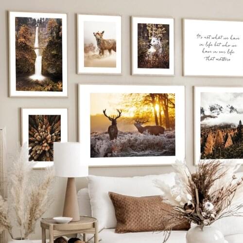Wall Art Canvas Painting Fall Hill Pine Forest Fox Deer Wolf Nordic Posters And Prints Wall Pictures For Living Room Decoration