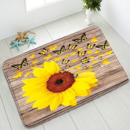 Non-Slip Bath Mat Retro Wood Board Sunflower Flowers Shower Room Kitchen Bedroom Door Pad Rug Flannel Carpet Home Decor Washable