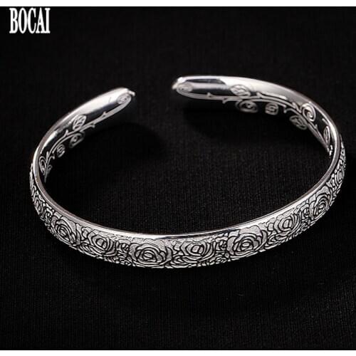 2020 new 100% real S999 pure silver bracelet for woman Leaf Rose Love Shiny Solid Korean Womens Open Silver Bangle Bracelet