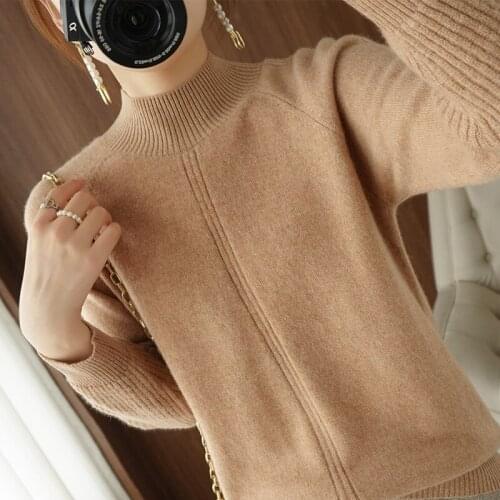 Autumn Winter Thick Women Cashmere Wool Knitted Ribbed Pullover Sweater Long Sleeve Mockneck Slim Soft Warm Femme