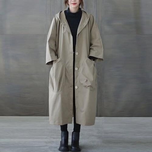 Overcoat Long Hooded Outerwear Female Spring Autumn Trench Coat Women Windbreaker Plus Size Big Pocket Cloak Single-Breasted