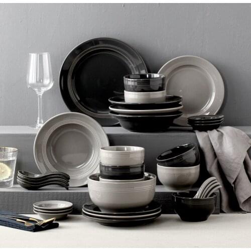 Nordic black and gray simple ceramic tableware set household rice bowl soup bowl plate dish plate combination set bone china