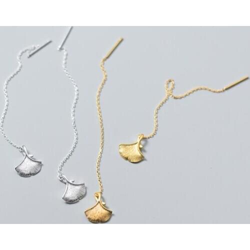 1pair Real. 925 Sterling Silver Fine jewelry White/gold gingko Leaf dangle earrings Womens GTLE2676