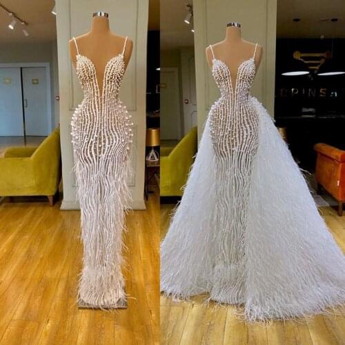 Luxury Pearls Arabic Mermaid Wedding Dresses Bridal Gowns With Detachable Train Sexy Spaghetti V Neck Feather Robe De Mariée