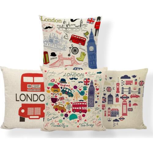 Luxury London Pillow Cover Tree Hat Big Ben British Flag Suez Canal Phone Booth Castle Decorations Car Sofa Cushion Cover 45*45