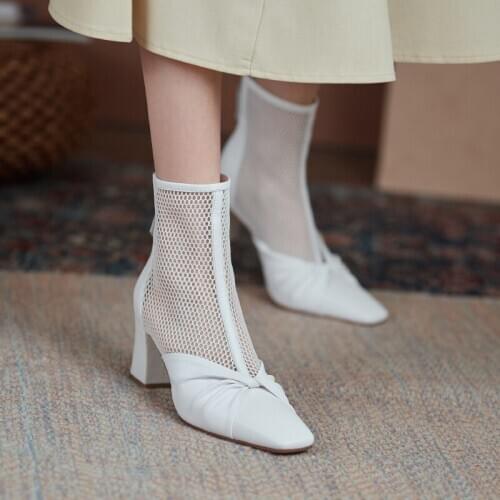 Net boots Martin boots leather spring and summer new single boots cool boots square head thick heel back zipper retro x765