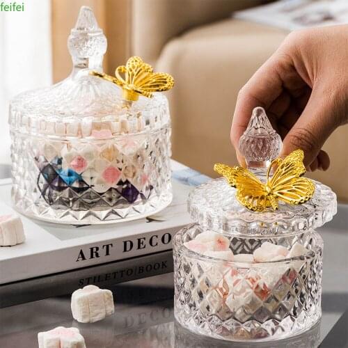 Modern Home Decor Transparent Glass Candy Jar Round Storage with Lid Exquisite Crafts Living Room Home Decor Desktop Accessories