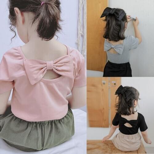 Baby Girls Tops Children Girls Tops 1-6Y Fashion Casual All-match Bow Pattern Short Sleeves Round Collar Cotton Summer T-shirt