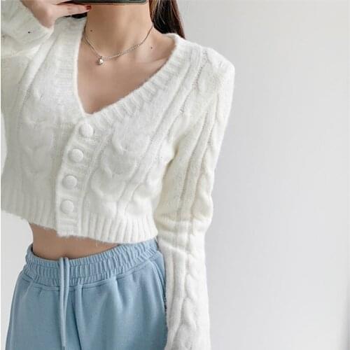 TVVOVVIN New Autumn Winter Solid Color Long Sleeve Knitting Cardigan V-neck Twist French Short Sweater For Women Mg6w