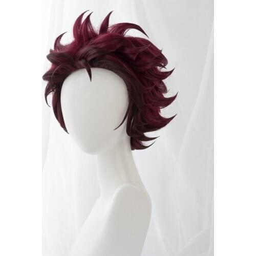 Pre-sale Uwowo Demon Slayer: Kimetsu no Yaiba Kamado Tanjiro Cosplay Wig Demon Slaying Corps Uniform Wig 25cm Short Wine Red Wig