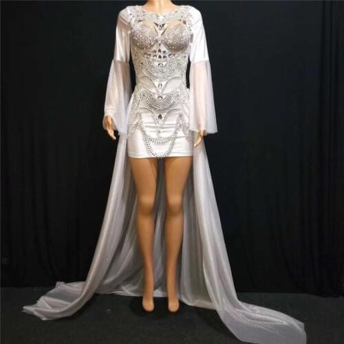 X74 Party singer wears trailing dress white diamonds female skirt sexy diaco dance stage costumes bar disco clothing rhinestone