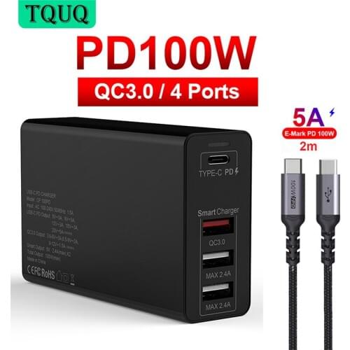 TQUQ 100W 4port Charger USB C Power Adapter PD 100W/65W/45W/18W QC3.0/PPS Fast Charging For USB-C Laptops MacBook Pro iPhone 12