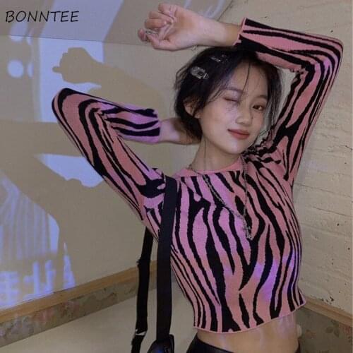 T-shirts Women Sexy Skinny Zebra-pattern Crop Top Ladies Spring Autumn Knitting Club Streetwear Hipster Retro Long Sleeve O-neck