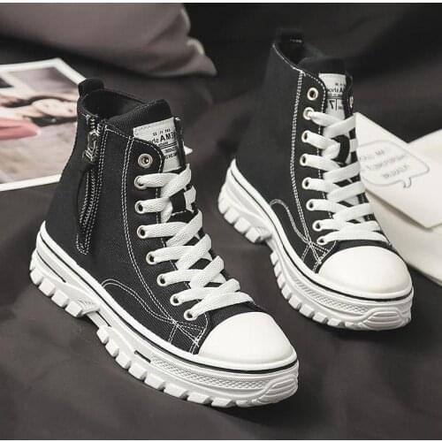 Woman High Top Platform Canvas Sneakers Black White 2021 Spring Autumn Espadrilles Casual Comfortable Fashion Lace-up Shoes